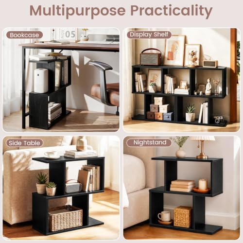 GIANTEX 3-Tier Geometric Bookshelf, Wood S-Shape Bookcase, Black