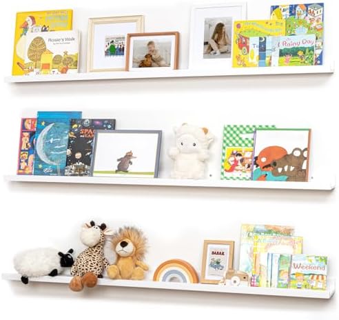 Picture Ledge Shelf for Wall, 56 inches Solid Pine Wood Nursery Book Shelves 3 Packs, Floating Ledge Shelves for Kids' Room Bedroom Bathroom Long Floating Shelves for Wall Nursey Wall Decor, White