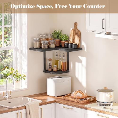 SRIWATANA 2-Tier Corner Wall Shelf, Rustic Wood Storage Display Shelf Black