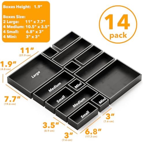 SpaceAid 14-Piece Bamboo Drawer Organizer Storage Boxes Set, Wood Tray Junk Drawer Organizers Multi-Use Divider Bins for Kitchen, Bathroom, Office Desk and Makeup Organization (14 Pack, Black)