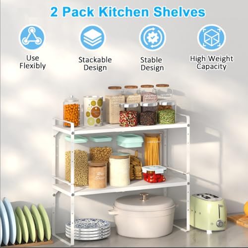Set of 2 Expandable Cabinet Shelf Organizer, Stackable Kitchen Countertop Shelves Spice Racks, Small Storage Shelf For C