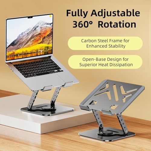 Laptop Stand for Desk, 360° Rotating Adjustable Metal Foldable Laptop Riser with Minimalist Vent Pattern, Ergonomic Comp
