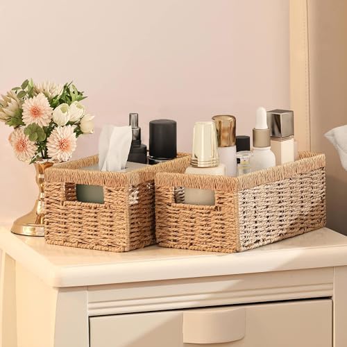 Vagusicc Wicker Storage Basket, Set of 2 Hand-Woven Paper Rope Wicker Baskets for Organizing Decor Storage Bins for Coun