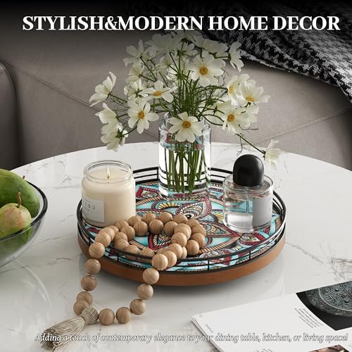 10.2-Inch Boho Lazy Susan with Oak Base and 3D Textured Ceramic Tile