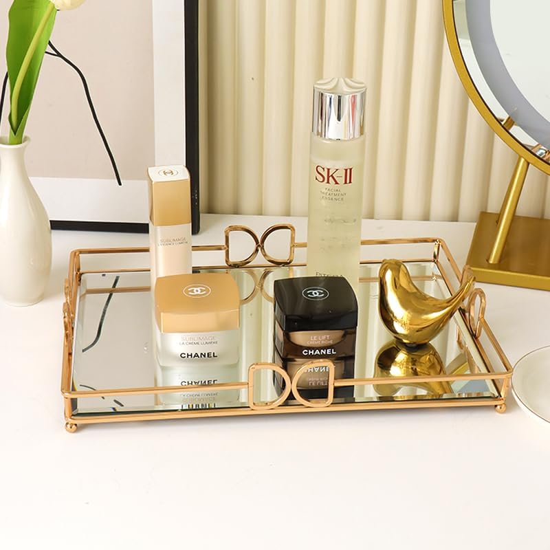 Gold Mirror Vanity Tray for Perfume, 11.7x7.9 Non-Slip Glass Dresser Tray, Elegant Decorative Organizer for Bathroom Cou