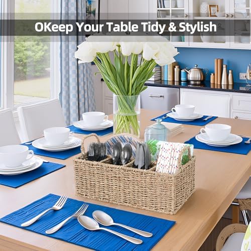 Wicker Party Silverware Caddy, Handwoven Seagrass Cutlery Utensil Holder with Handles, Kitchen Countertop and Picnic Fla