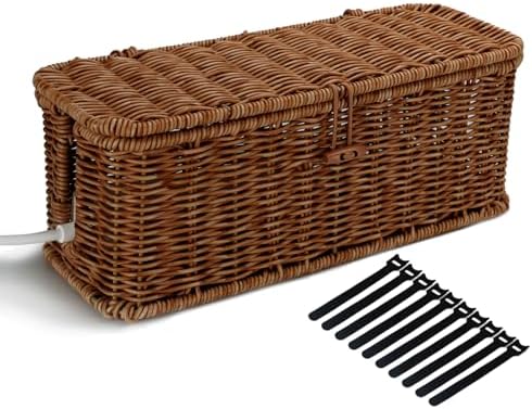 Cable Management Box, Desk Handwoven Rattan Cord Hider Cable Organizer Box With Lid Button Lock, Power Strip Cover Wicke