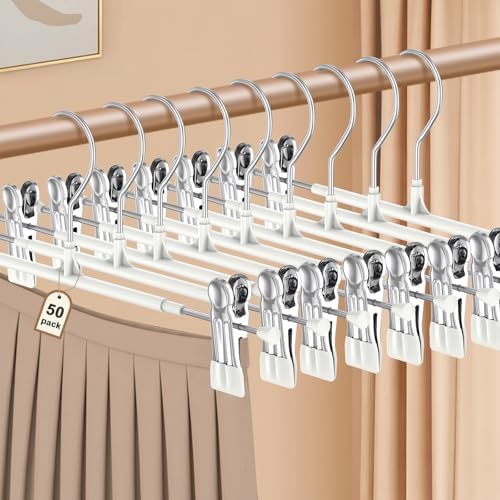 POZEAN Pants Hangers with Clips for Women 50 Pack, 12Inch Adjustable Heavy Duty Skirt Hangers, Space Saving Non-Slip Shorts Jeans Trousers Clothes Hangers, White