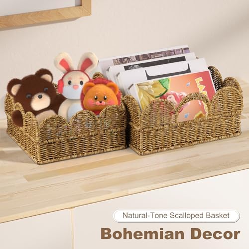 Scalloped Basket Set of 2，Resin Wicker Basket for Organizing and Decor Hand-Woven Wicker Storage Baskets with Built-In H
