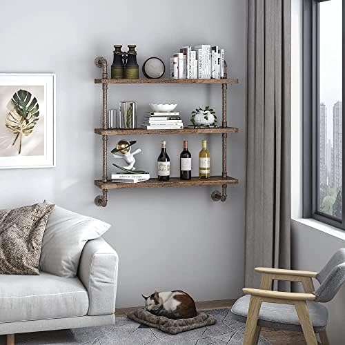 Helsin 3 Tier Industrial Pipe Shelf Rustic Wood Floating Wall Display Bookshelf Storage Rack Sundries Holder for Kitchen