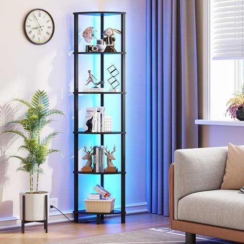 VIMBER 6-Tier Corner Shelf with LED Light, Industrial Corner Ladder Shelf, Rustic Display Shelf for Living Room, Bedroom