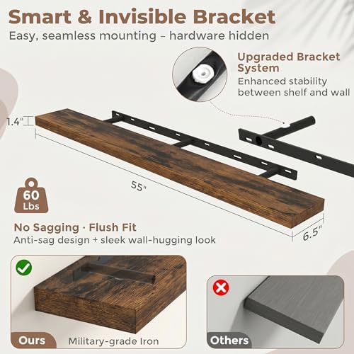 FLYJOE 55 Inch Floating Shelves for Wall Set of 2, 6.5" D Wood Grain Bathroom Shelves with Invisible Brackets, Easy Inst