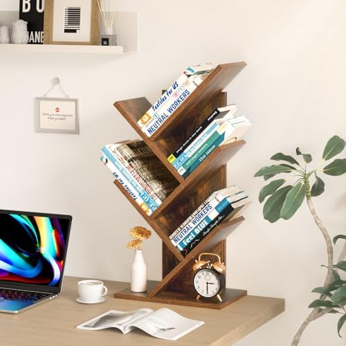 SHEEPAM Small Tree Book Shelf,5 Tier Bookshelf, Wood Desktop Bookcase
