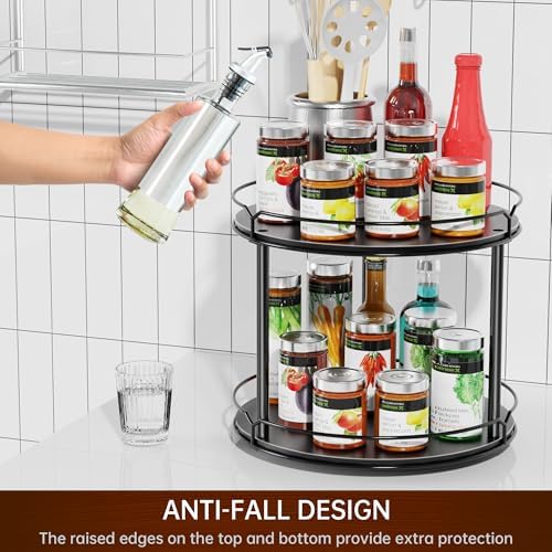 Lazy Susan Organizer 2 Tier - 12.4" Turntable Spice Rack for Table Top, Wooden Rotating Lazy Susan for Cabinet Pantry Ki