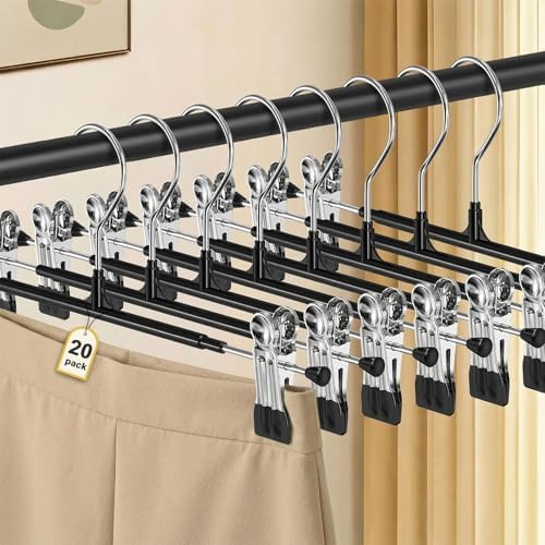 POZEAN Pants Hangers with Clips for Women 20 Pack, 12Inch Adjustable Heavy Duty Skirt Hangers, Space Saving Non-Slip Shorts Jeans Trousers Clothes Hangers, Black