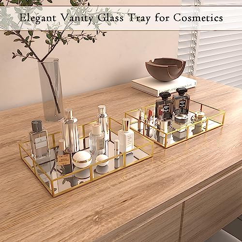 Perfume Tray Vanity Tray with Metal Frame, Gold Tray for Bathroom, Jewelry or Home Decoration 2 Pcs (L+S)