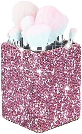 KEYPOWER Crystal Pencil Pot Holder Box Bling Rhinestone Pen Organizer Holder Cosmetic Pen Container Comb Brushes Personalized (Square Purple)
