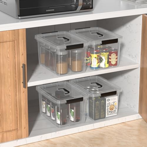 Quickquick 12 Quart Clear Plastic Latching Storage Bin with Handle, 4 Packs