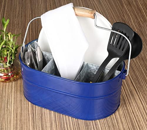 Alpha Living Home 4-Section Galvanized Utensil Caddy, Blue Wooden Handle