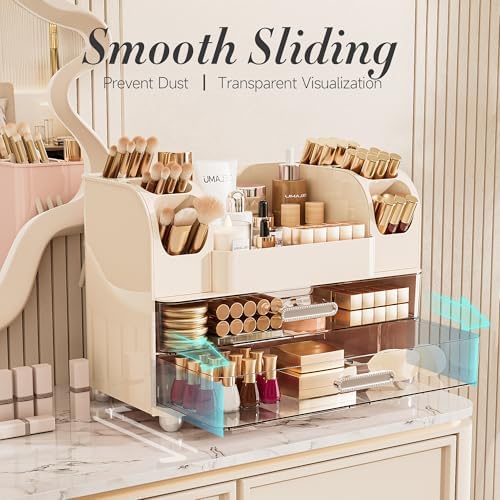 Delamu Large Makeup Organizer Countertop with 6 Brush Holders, Cream White