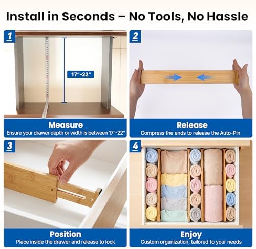 4 Pack 2.36" Bamboo Drawer Dividers, 17-22" Expandable Kitchen Organizers