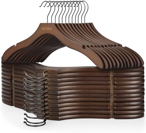 TOPIA HANGER Wooden Hangers for Women, Premium Sweater Hangers No Shoulder Bump, 360° Swivel Hook and Cut Notches Clothes Hangers for Sweater, Coat, Shirts, Hoodies, Dress, 24 Pack Walnut CT85WA