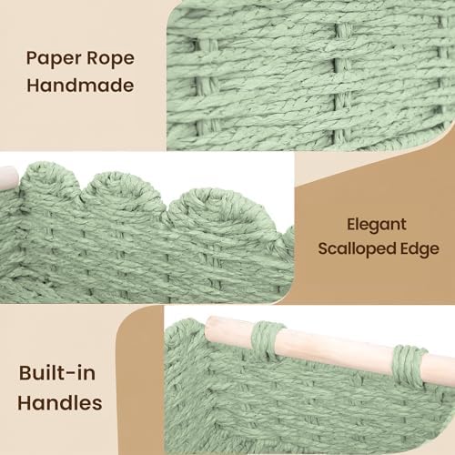 iEGrow Paper Rope Small Storage Baskets for Organizing, Set of 2 Scalloped Edge Wicker Basket with Wooden Handles Toilet Paper Basket for Over Toilet Storage Shelf, Home Decor, Living Room (Green)