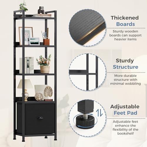 DUMOS 5 Tier Bookshelf with Fabric Drawer, Display Standing Shelf, Black
