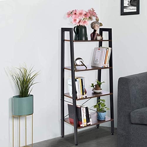 Houssem 4 Tier Ladder Bookshelf Industrial Bookcase Wood Shelves with Metal Frame Unit Display Shelving Rack Storage Org