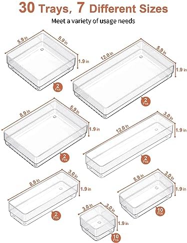 SMARTAKE 30-Piece Drawer Organizer with Non-Slip Silicone Pads, 7-Size