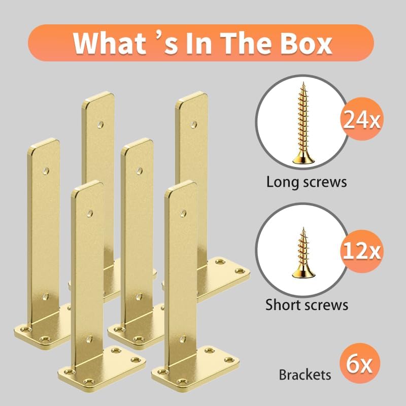 Gold Heavy Duty Iron Shelf Brackets,6 inch,Floating Brackets Upgraded, Heavy Duty Iron Shelf Brackets, Industrial Modern