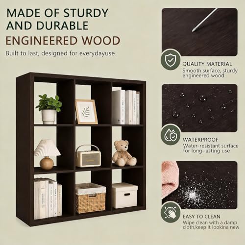 CTESNE【Wooden Thick Frame 9 Cube Storage Organizer Shelf with Anti-Tipping Kits + Reversible Open Back Bookcase, Horizon