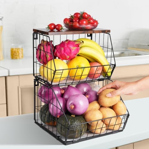 Wawocs 2 Tier Stackable Wall Mounted Hanging Basket, Fruit Basket for Kitchen Counter, Storage Bin with Wood Lid, Onion 