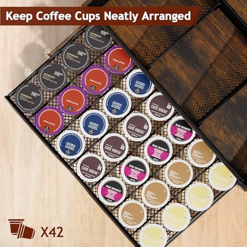 Homsorout Coffee Bar Organizer, Metal & Wood Coffee Station Holds 42 K Cup