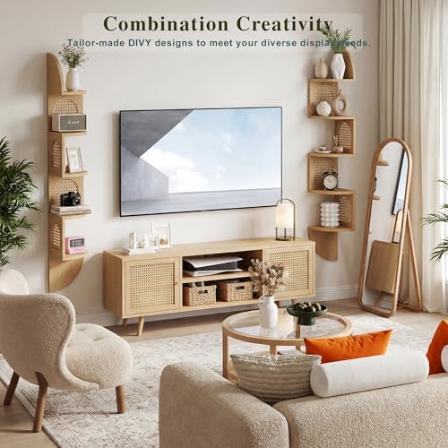 5-Tier Floating Corner Shelves for Wall, Zigzag Corner Shelf Unit, PVC Rattan Sides, Space-Saving, for Kitchen, Living R
