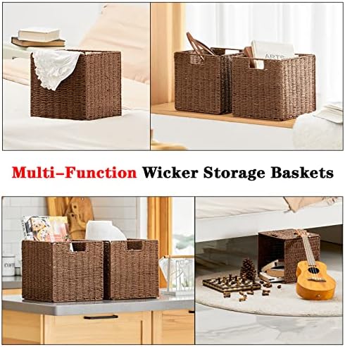 Vagusicc Wicker Basket, Set of 2 Hand-Woven Paper Rope Storage Baskets for Organizing, Foldable Cubby Storage Bins, 11 I
