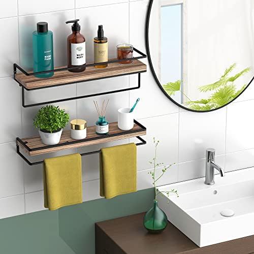 Meangood Floating Shelves Wall Mounted Set of 2, Wall Shelf with Towel Bar Rustic Wood Wall Storage Shelves for Bedroom,