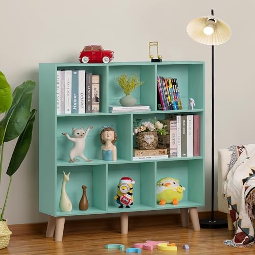 LEYAOYAO 8 Cube Bookshelf, Mid-Century Modern Book Shelf with Legs, Green