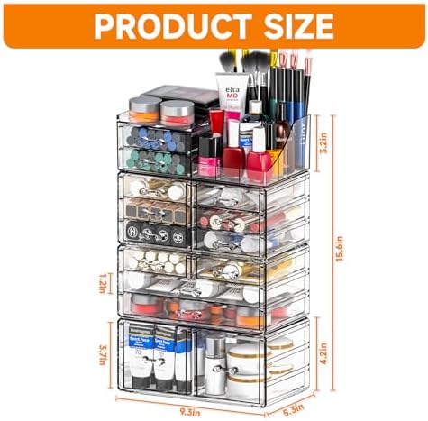 Cq acrylic Make Up Organizers for Vanity With 14 Drawers, 4 Pack Clear Drawer Organizers,Plastic Cute Desk Accessories O