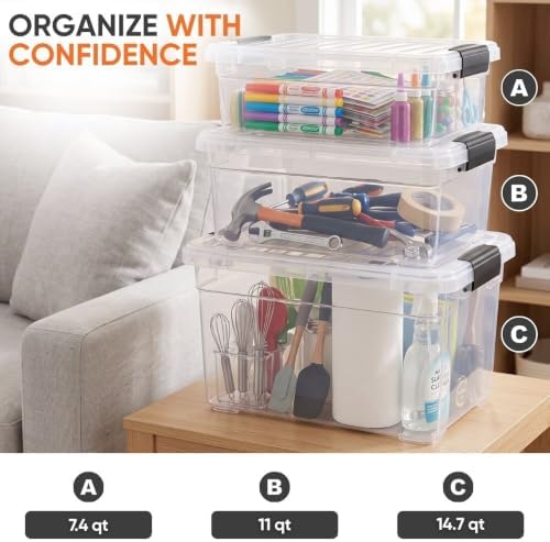 Superio 11 Quart Clear Plastic Storage Boxes with Lids, Stackable Organizer Containers, BPA-Free Storage Bins for Home, 
