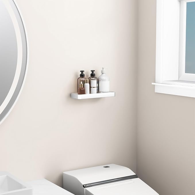 Danpoo 12-Inch Wall Shelf, Clear Tempered Glass with Matte Silver Aluminum Frame – Versatile Floating Bathroom Organizer
