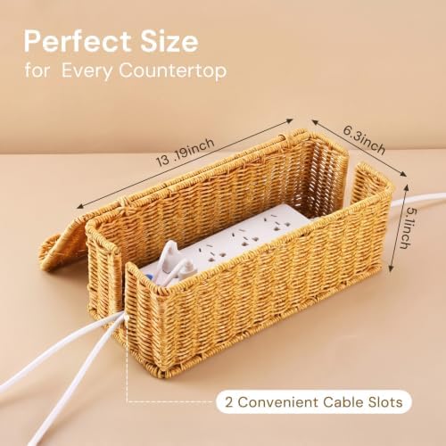 Scalloped Edge Cable Management Box, Handmade Rattan Cord Organizer