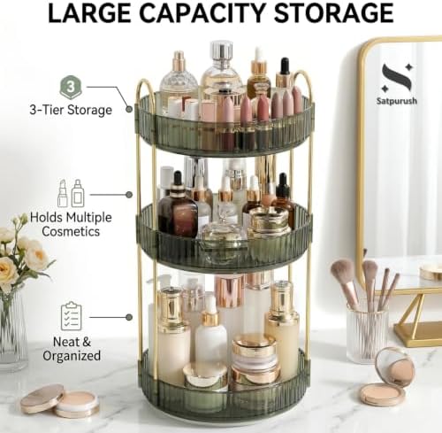 360° Rotating Makeup Organizer, 3 Tier Spinning Cosmetic Organizer for Vanity & Bathroom Countertop, Holds Tall Skincare