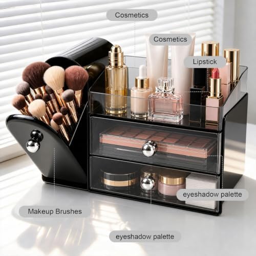 Makeup Organizer with Makeup Brush Holder, Vanity Organizer Large Cosmetic Display Cases, Skincare Organizers and Bathro