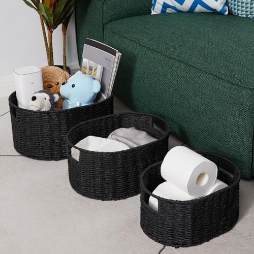 Vagusicc Wicker Basket, Set of 3 Round Storage Baskets for Organizing, Woven Paper Rope Wicker Storage Basket with Handl