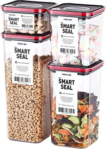 Neoflam Smart Seal Patent Airtight Kitchen Pantry Canister/Organizer Clear Plastic Container with Simple Twist Lids, Leak Proof, Dishwasher Safe, BPA Free, Cereal, Flour, Dry Food Storage 4 Piece Set