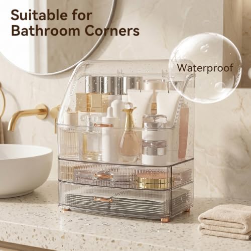 Makeup Organizer Countertop for Vanity with Lid and 2 Drawers, Clear White
