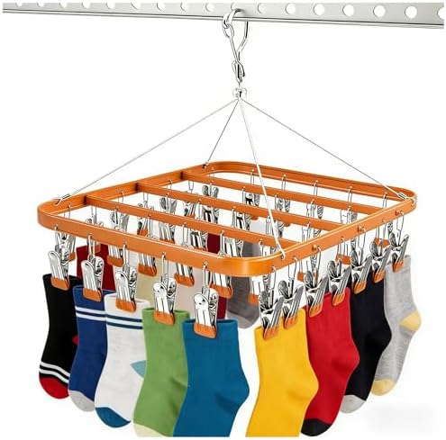 Clothes Drying Racks Clip Hangers Metal with 36 Clips Windproof Hook Underwear Hanger Foldable Laundry Clip for Socks Bras (Gold)