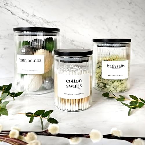 Mason & Fable 3x Ribbed Glass Bathroom Jars with Airtight Black Bamboo Lids | Cotton Pad/Buds/Q tip Holder | Bath Salt/S