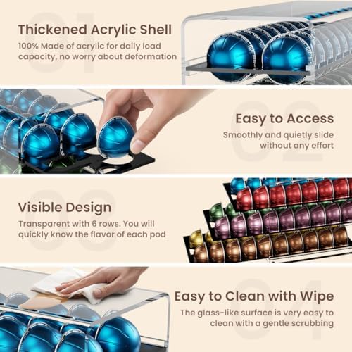 Acrylic Coffee Pod Drawer for Nespresso Vertuo Capsules, 3 Tier 60 Capacity Pods Organizer for Countertop Coffee Bar Hom